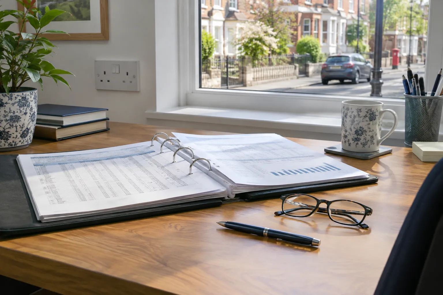 A ring binder of financial records, a pen and reading glasses on an office desk