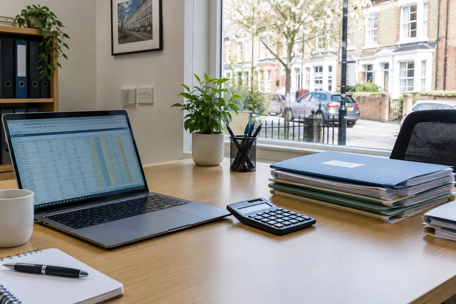 A tidy desk in a UK letting agency office with a laptop showing a spreadsheet, a calculator and neatly stacked paper files