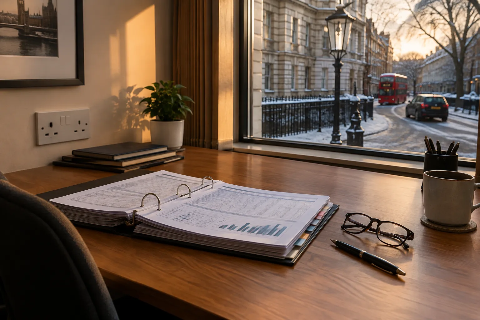 A ring binder of financial records, a pen and reading glasses on an office desk