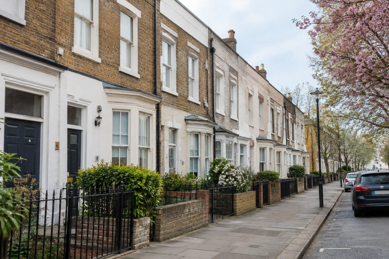 A row of converted townhouses split into flats on a British street, seen from the pavement