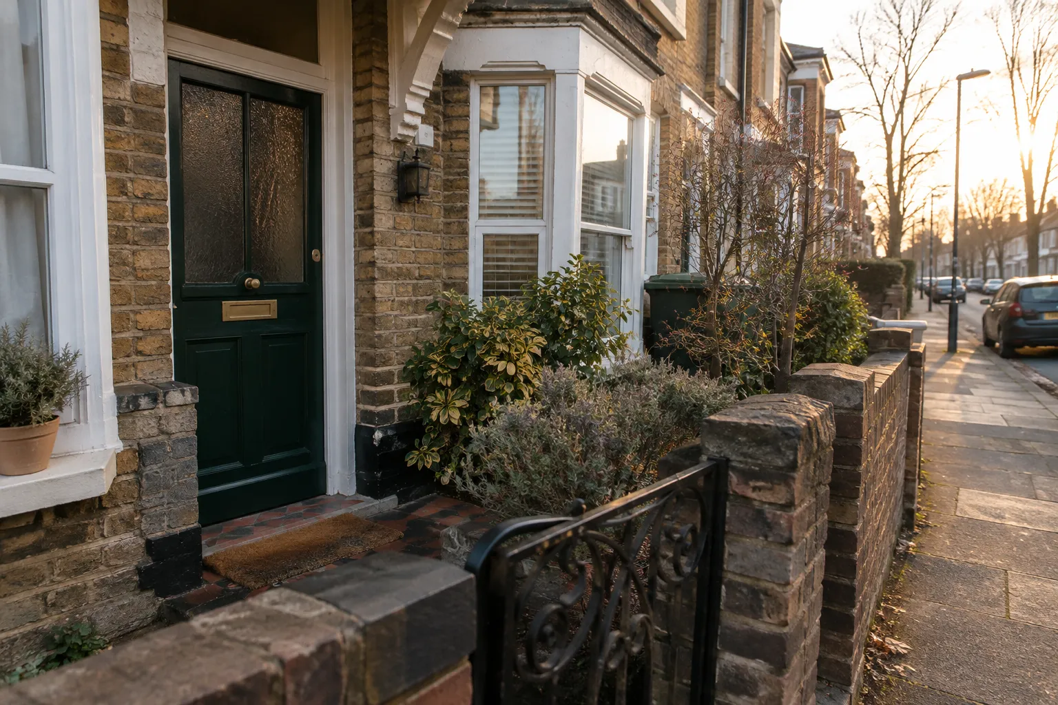 The front door of a British terraced house with a brass letterbox and a small front garden